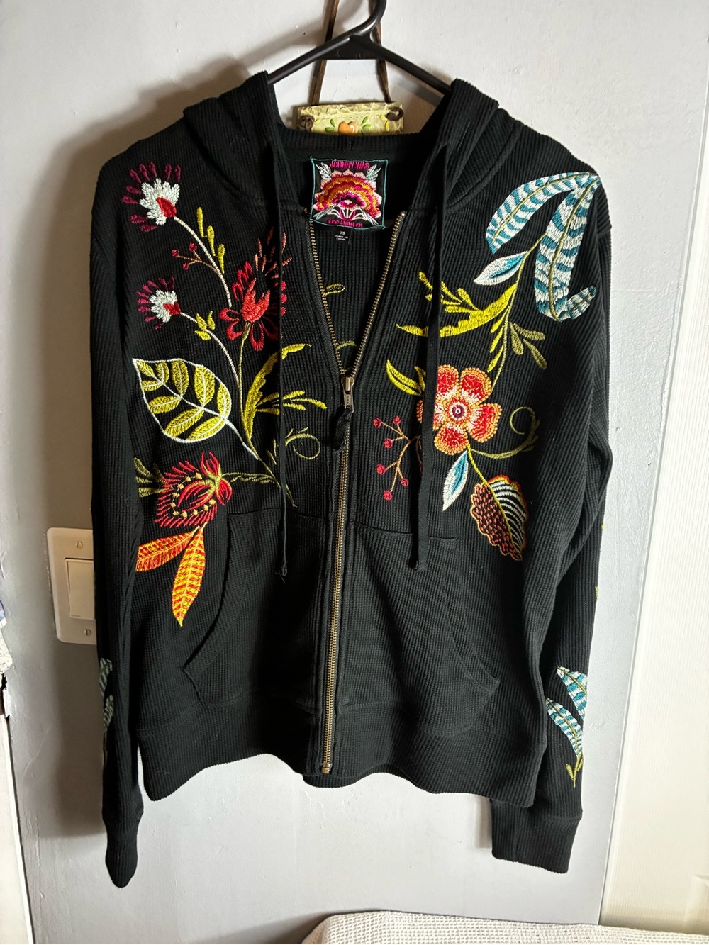 Johnny Was Black Embroidered Floral Zip Hoodie